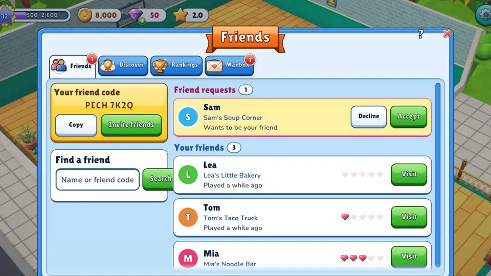 The Friends screen with your friend code and friend requests