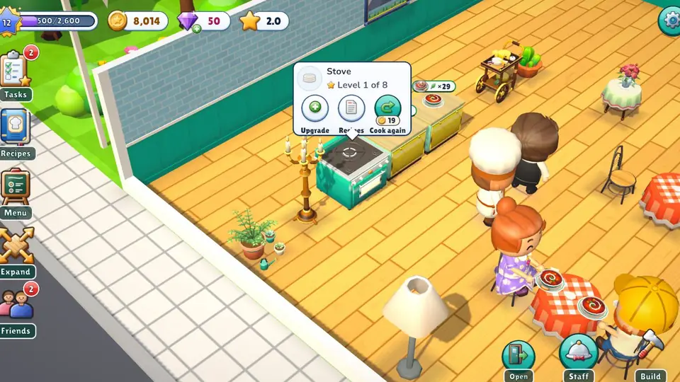 Tap an appliance to see its level, upgrade it or clean it